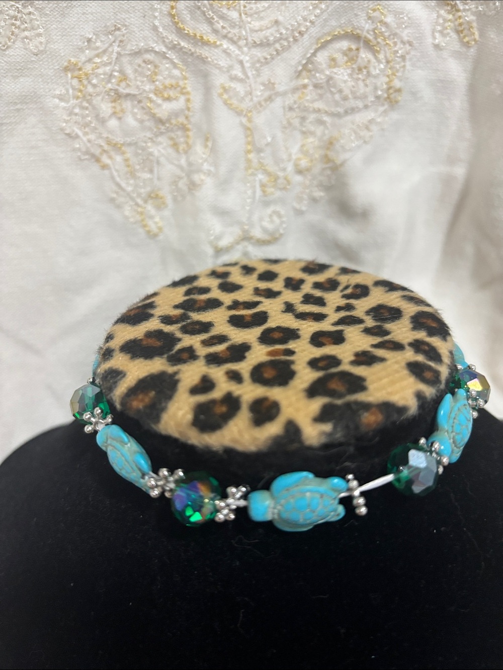 Turquoise Turtle Stretch Bracelet - Turquoise Beads with Iridescent Accents